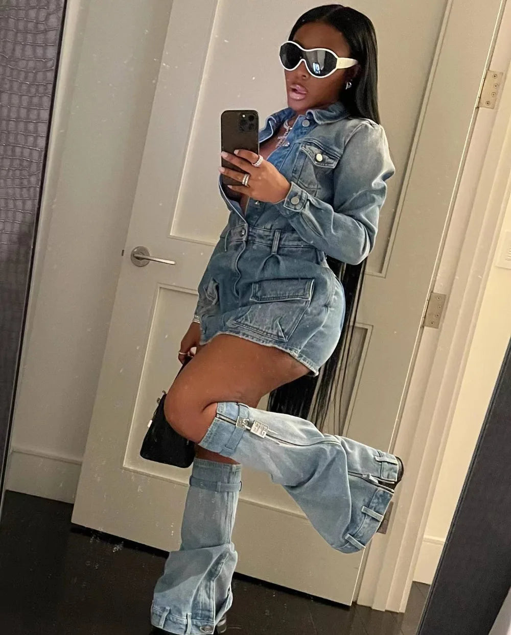 FAGADOER Fashion Button Long Sleeve Denim Mini Dress Women Turndown Collar Pocket with Leg Cover Clothing Female Cowboy Vestidos