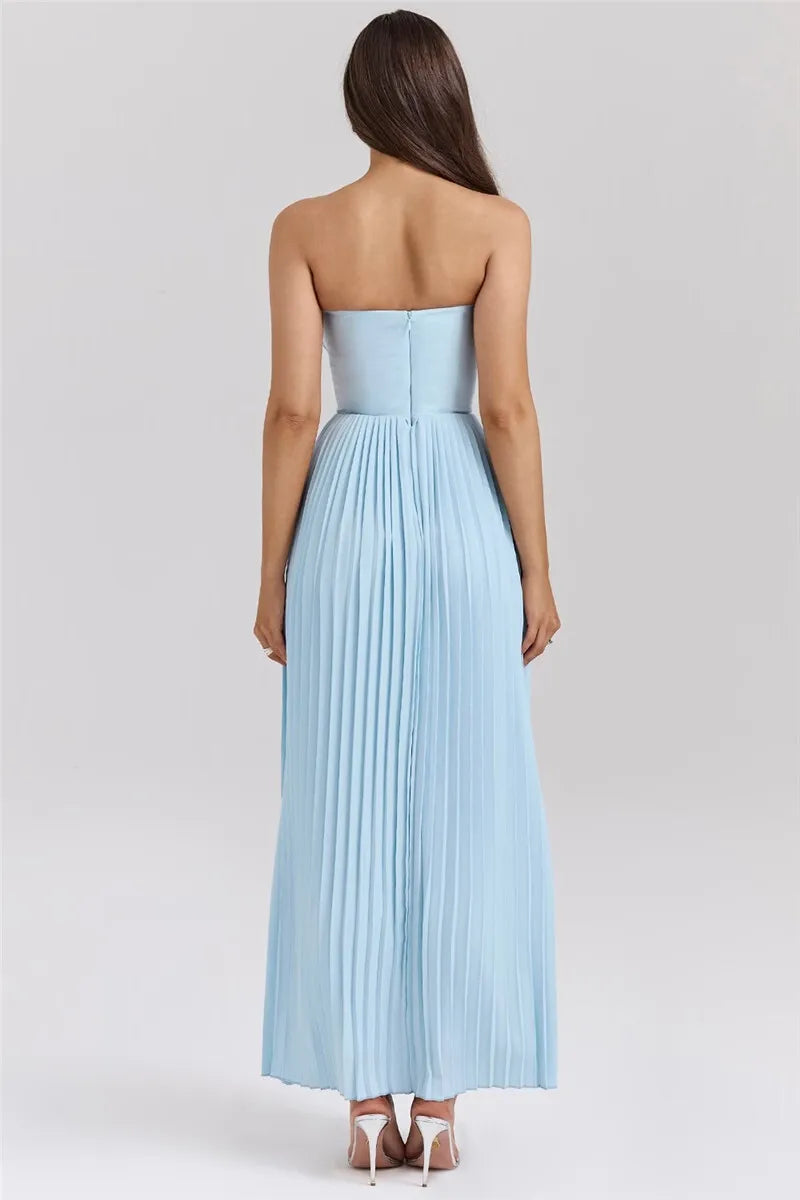 Mozision Off-shoulder Backless Pleated Maxi Dress For Women Fashion Strapless Sleeveless High Waist Bodycon Sexy Long Dress