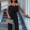 Women Jumpsuit Feather Tube Top Sexy Evening Party Jump Suits Sleeveless High-waisted Straight Playsuits Night Clubwear Overalls