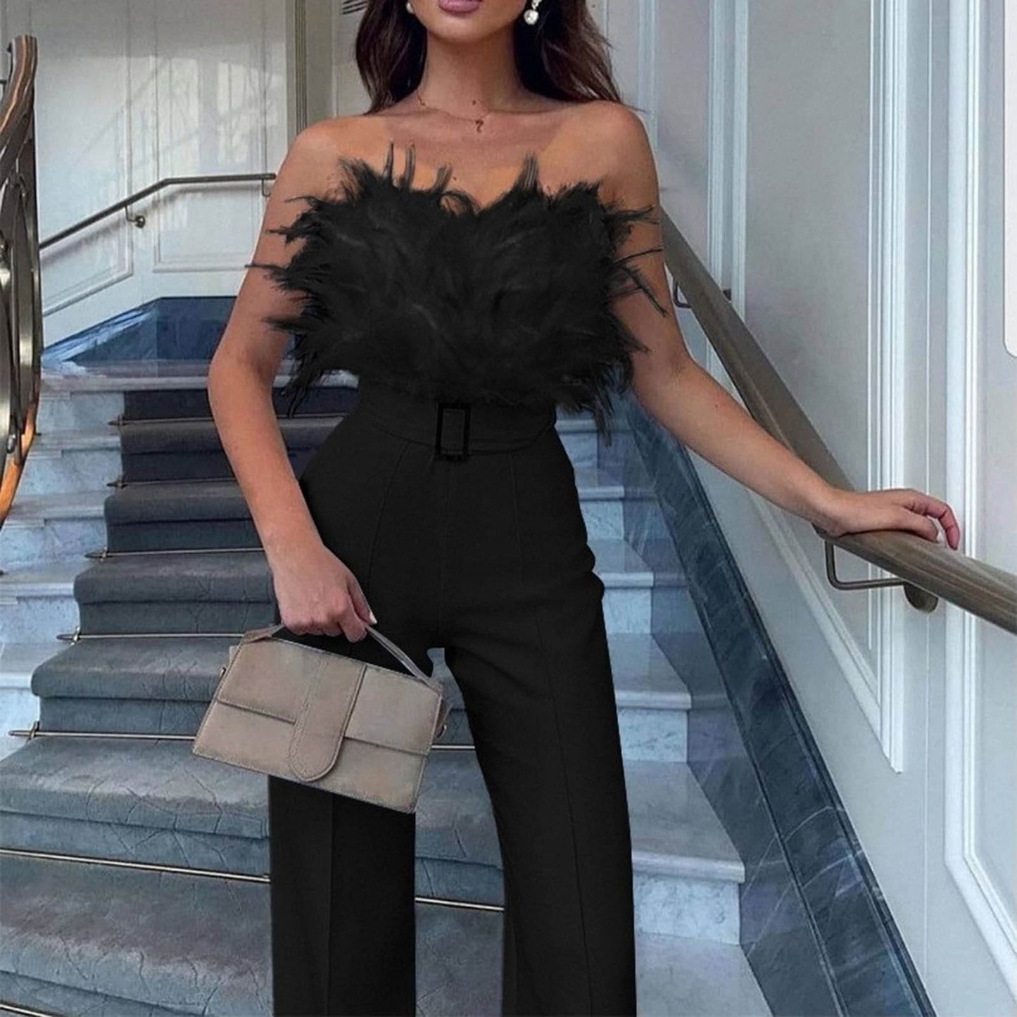 Women Jumpsuit Feather Tube Top Sexy Evening Party Jump Suits Sleeveless High-waisted Straight Playsuits Night Clubwear Overalls