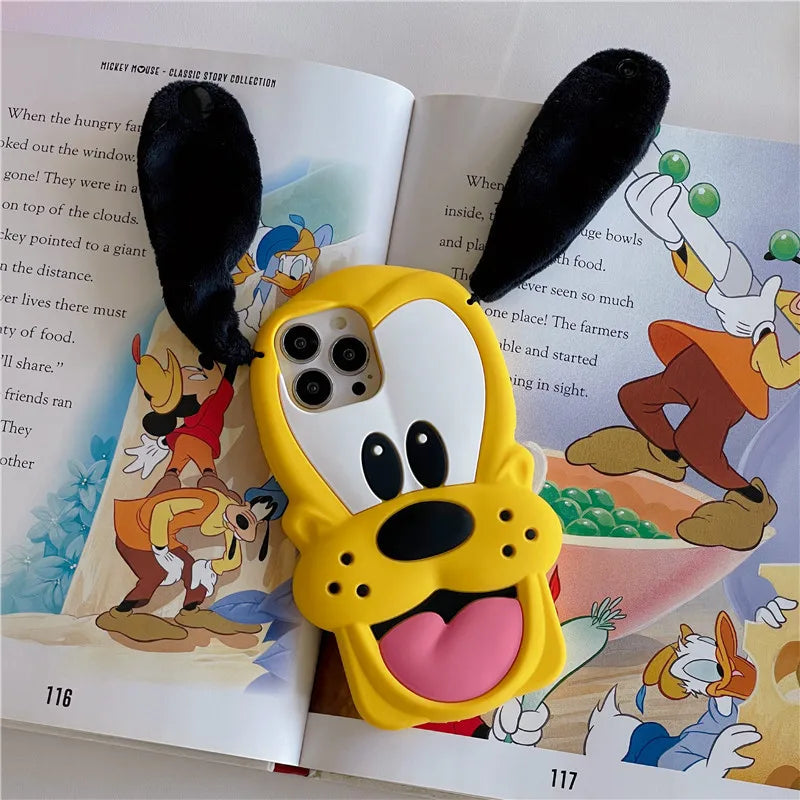 Disney Pluto Pup Plush Ears Phone Case For iPhone 11 12 13 14 15 Pro Max 15Pro 14Pro 13Pro 3D Soft silicone Dog Cover