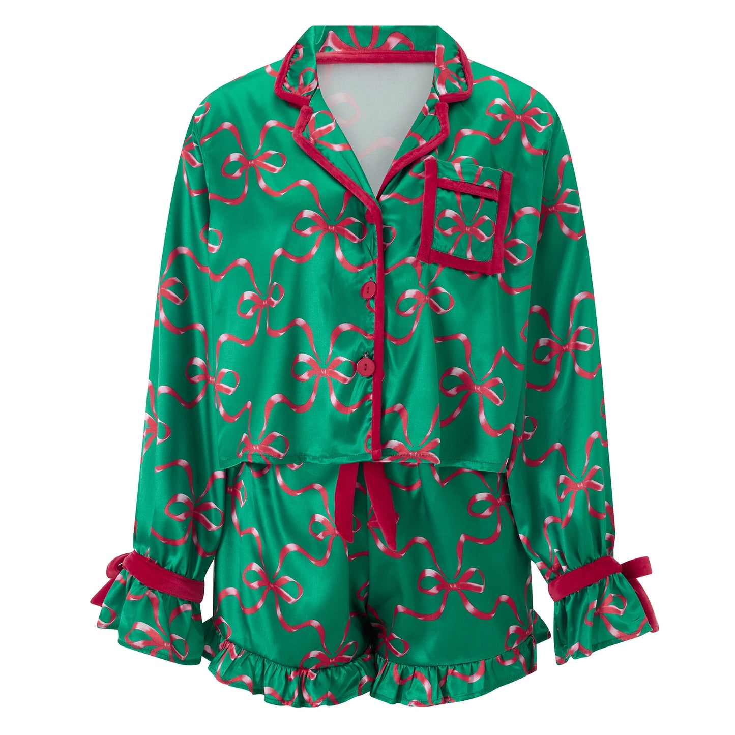 Women 2 Piece Christmas Pajamas Cute Bow Tie Long Sleeve Santa Claus Shirts Ruffles Boxer Shorts Satin Silk Xmas Pjs Sets