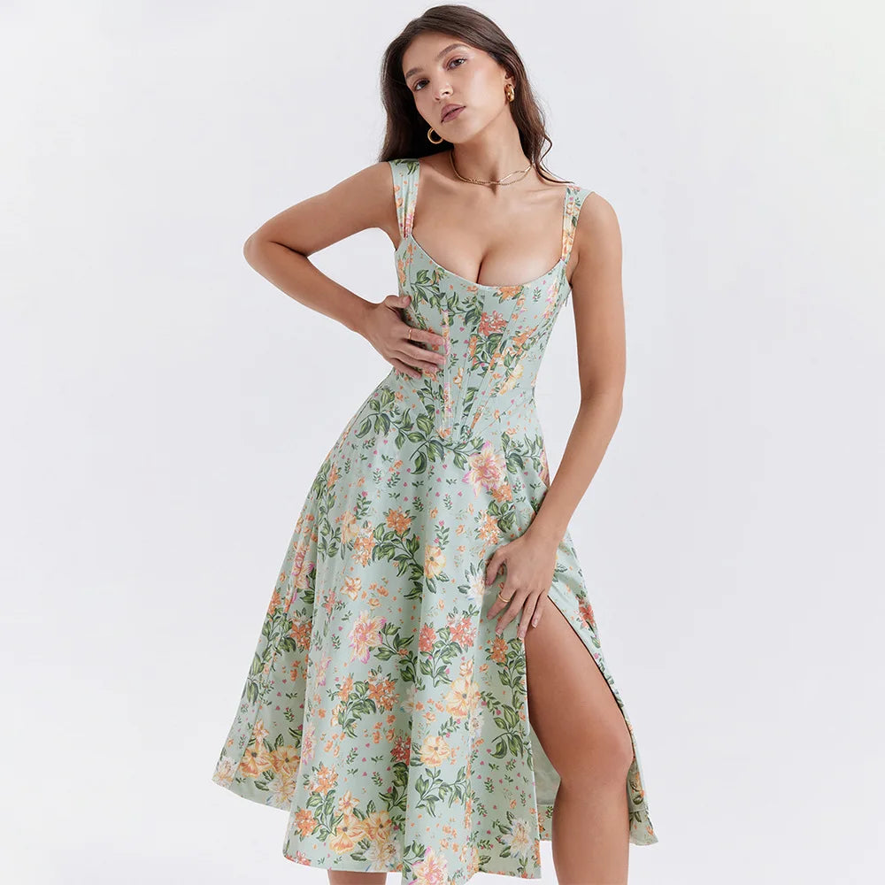 Suninheart Summer Pink Floral Print Corset Dress Midi Elegant Sexy Party Dresses Holiday Birthday Casual A Line Women Clothing