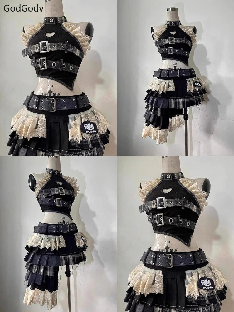 Punk Style Vintage Woman 2 Piece Sets Y2k Design Strapless Crop Tops + High Waist Ruffle Skirt Female Party Korea Style Outfits