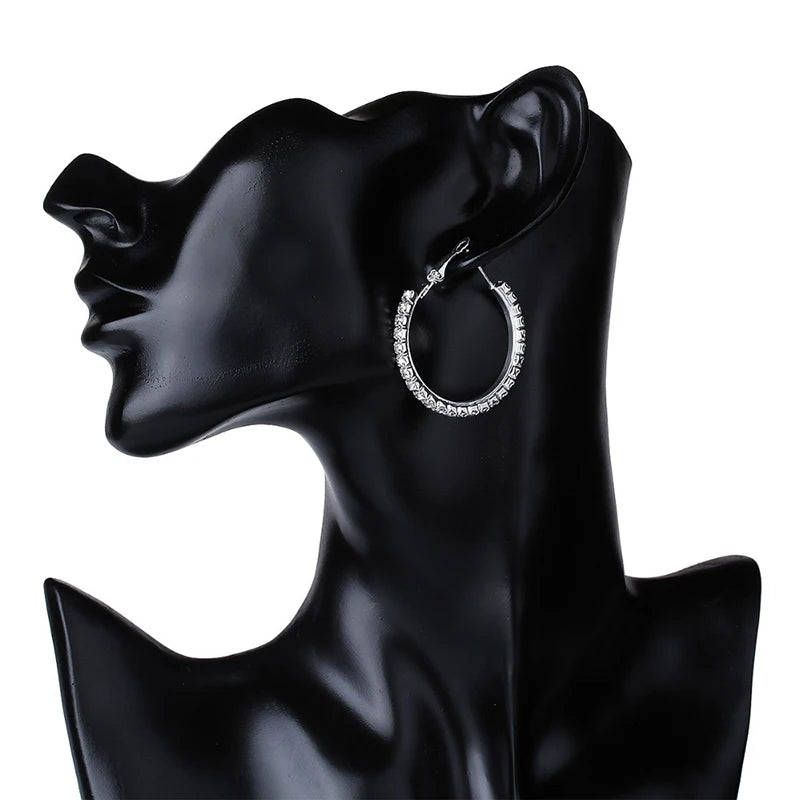 30-80mm Big Hoop Earrings For Women Girls Circle Crystal Rhinestone Earrings Black Gold Silver Color Round Earings Party Gift