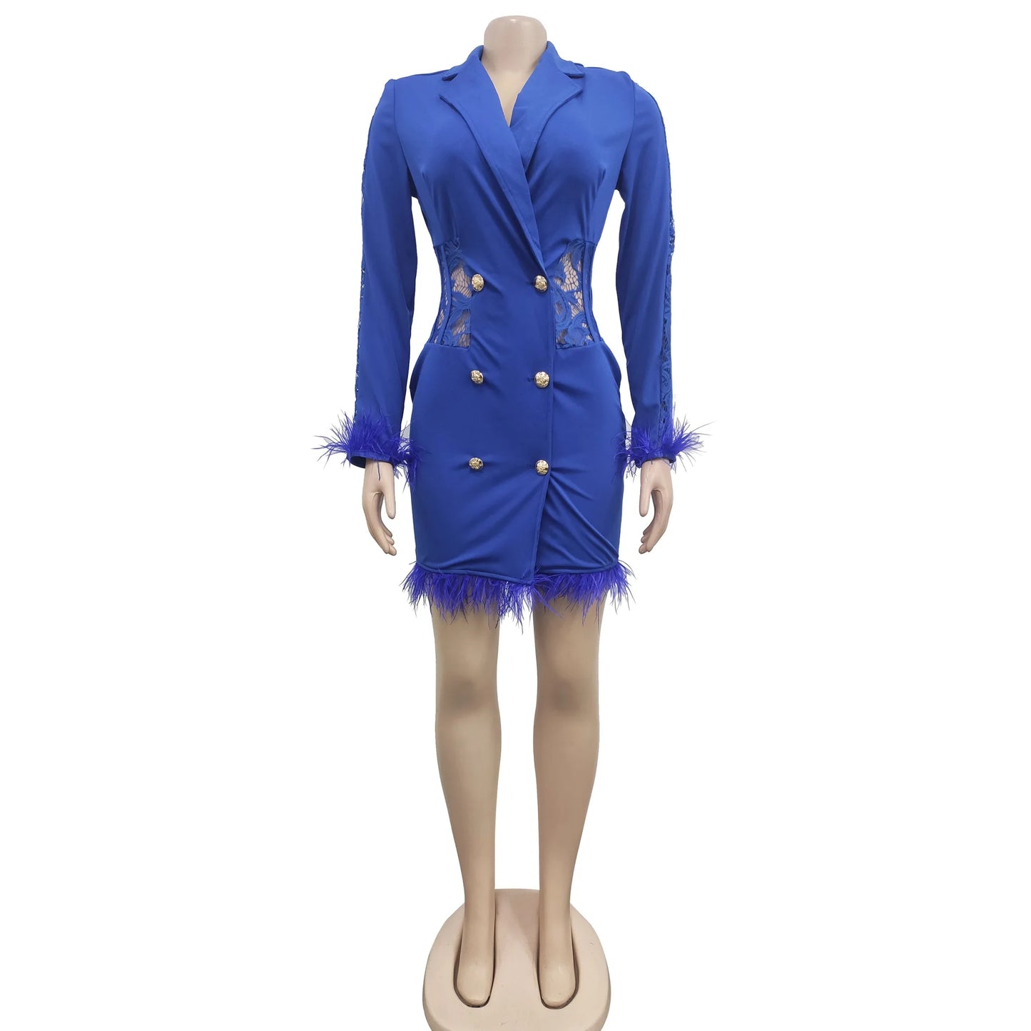 FANAN Elegant Women Double Breasted Tassel Hem and Long Sleeve Notched Collar Lace Waist Patchwork Blazer Dress Vestidos 2022