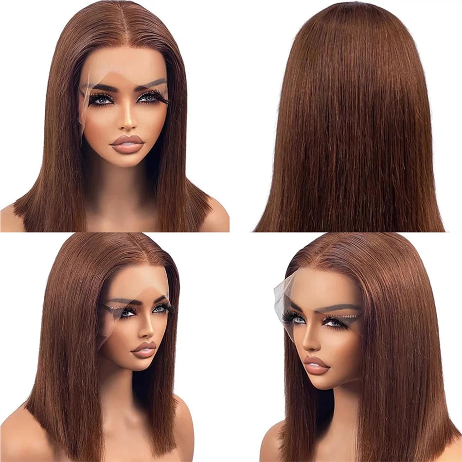 12A Double Drawn 210% Density Bone Straight Hair Bob Wig 13x4 Lace Front Wig 10-16 Inches Chocolate Brown Human Hair Wig