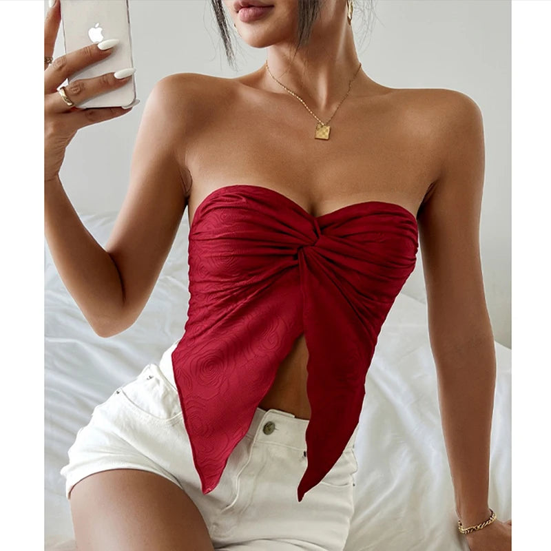 Summer Y2K Women's Sexy Twist Front Asymmetrical Hem Strapless Bandeau Crop Top Casual Tube Tops for Party Club Night Clothes