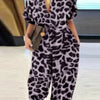 Summer Fashion V-Neck Button Lace-Up Jumpsuit Short Sleeve Loose Playsuit Overalls Women Elegant Leopard Print Pocket Rompers