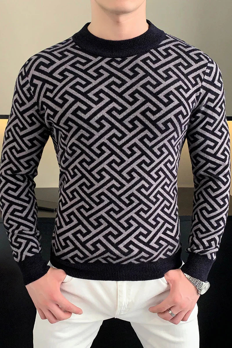 Autumn Winter Velvet Knitted Sweater Men's Long Sleeve Round Necked Sweater Slim Fit Casual Business Knitwear Tops Men Clothing