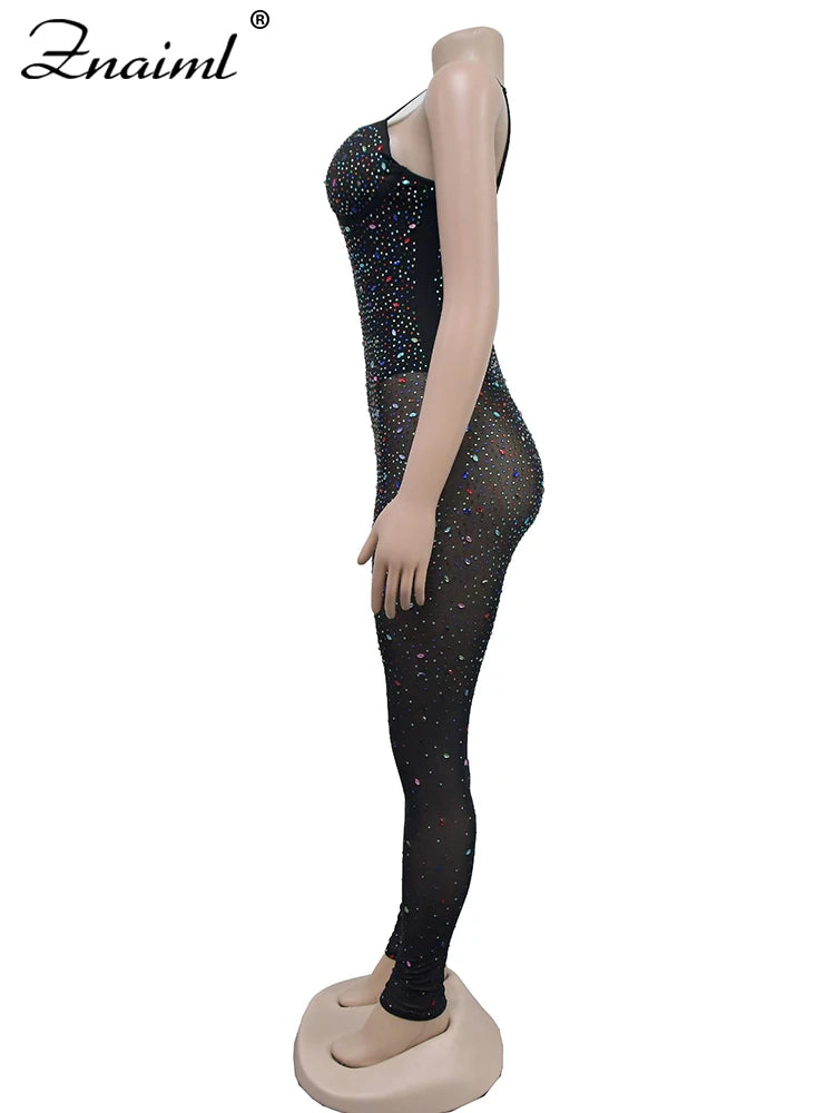Znaiml Luxury Birthday Night Club Party One Piece Rompers and Jumpsuits for Women Sexy Mesh Sheer Colourful Diamonds Overalls