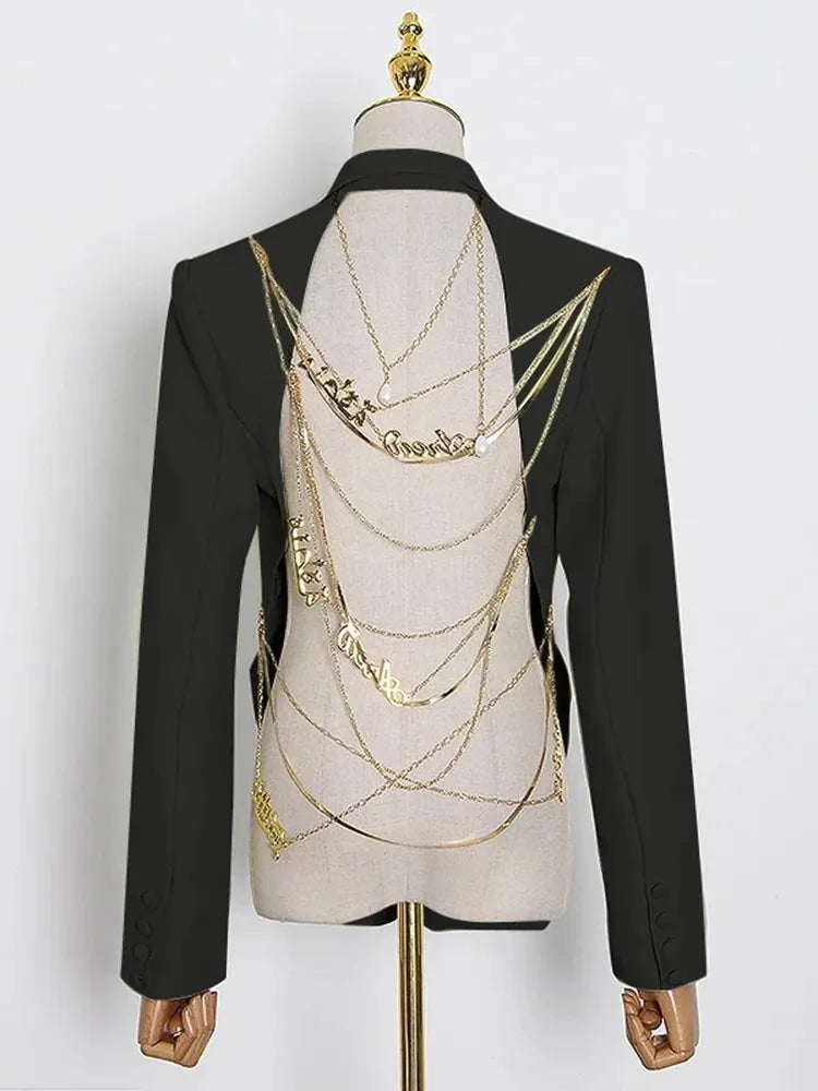 TWOTWINSTYLE Backless Spliced Button Blazers For Women Notched Collar Long Sleeve Patchwork Chain Chic Blazer Female Fashion New