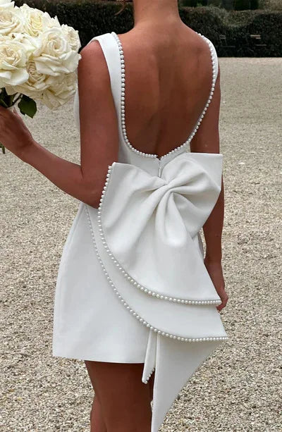 Elegant Pearl Bow Backless Short Dress Women's Sleeveless Party Cute Mini Dresses Black White Pink Chic Birthday Evening Y2K New