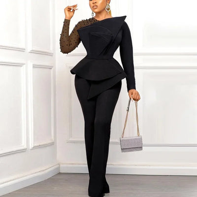Luxury Jumpsuits & Rompers for Women Round Neck Beaded Transparent Sleeve High Waisted Elegant Female Birthday Party Overalls