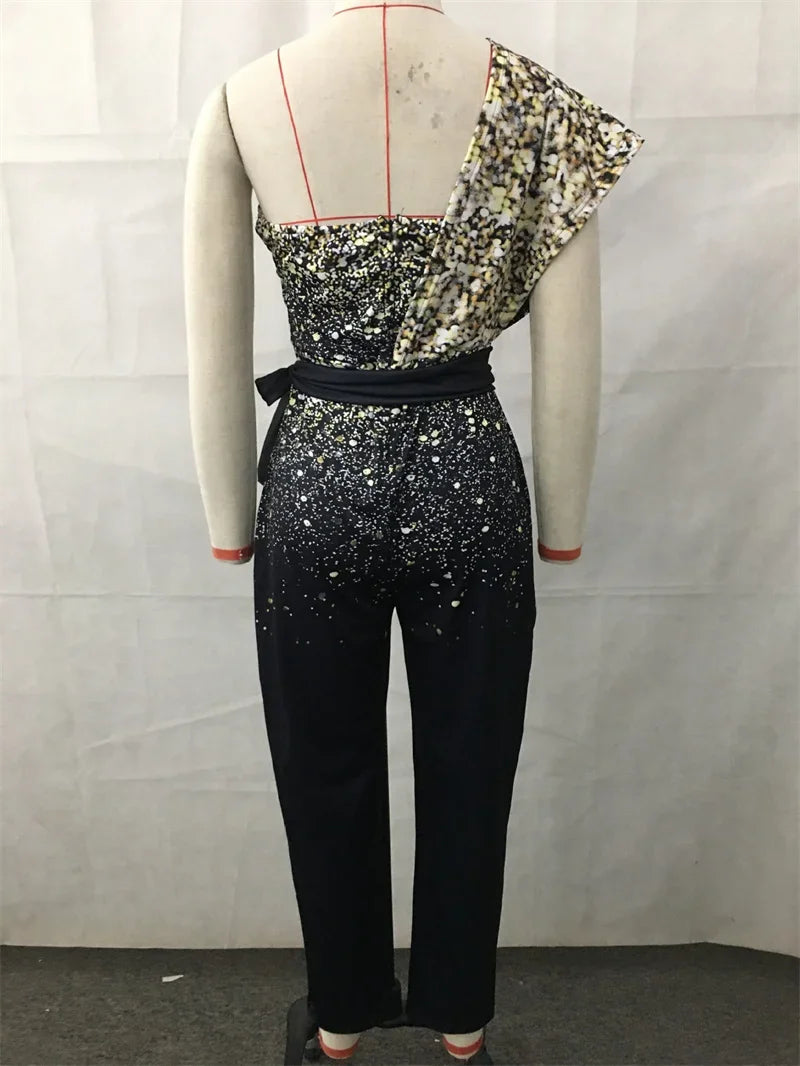 Fashion Sequins Decoration One Shoulder Backless Jumpsuit Women Female Slim Fit Stretch Lace-up High Waist  Back Zipper Rompers