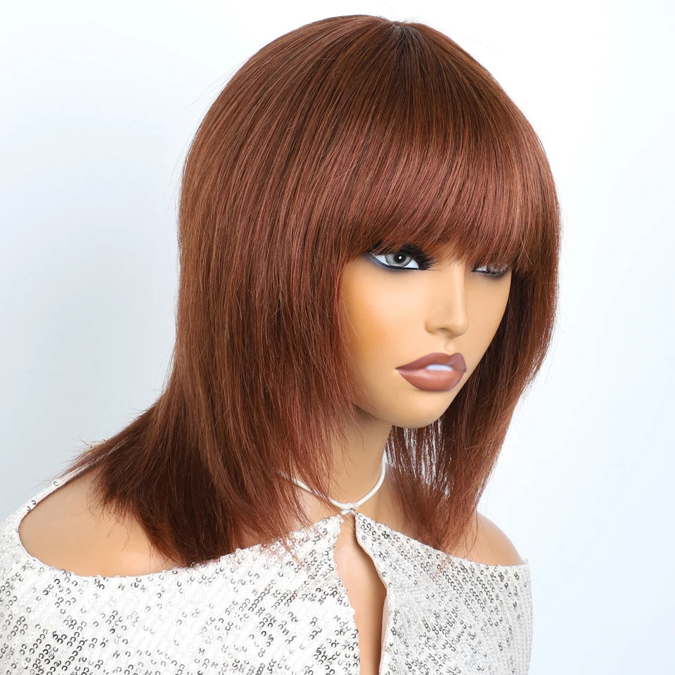 Lekker 12" Short Brown Wolf Cut Straight Bob Human Hair Wigs With Bangs For Women Brazilian Remy Hair Ready to Wear Glueless Wig
