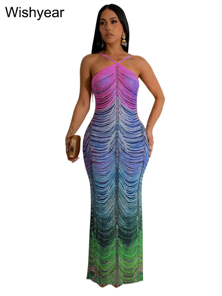 New Gradient Rhinestone Tie Dye Print Halter Mermaid Long Dresses Women Backless Sleeveless Slim Birthday Party Prom Vestidos