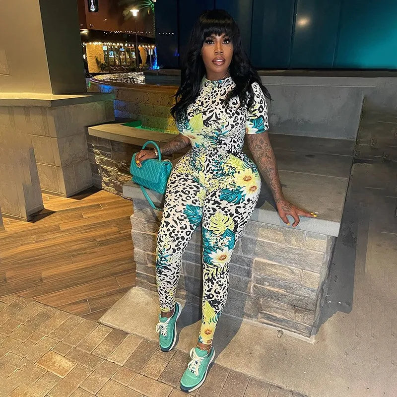 Joskaa Colorful Print Sporty Jumpsuit Women Hipster O-Neck Short Sleeve Skinny Rompers 2025 Summer Fashion Overalls Streetwear