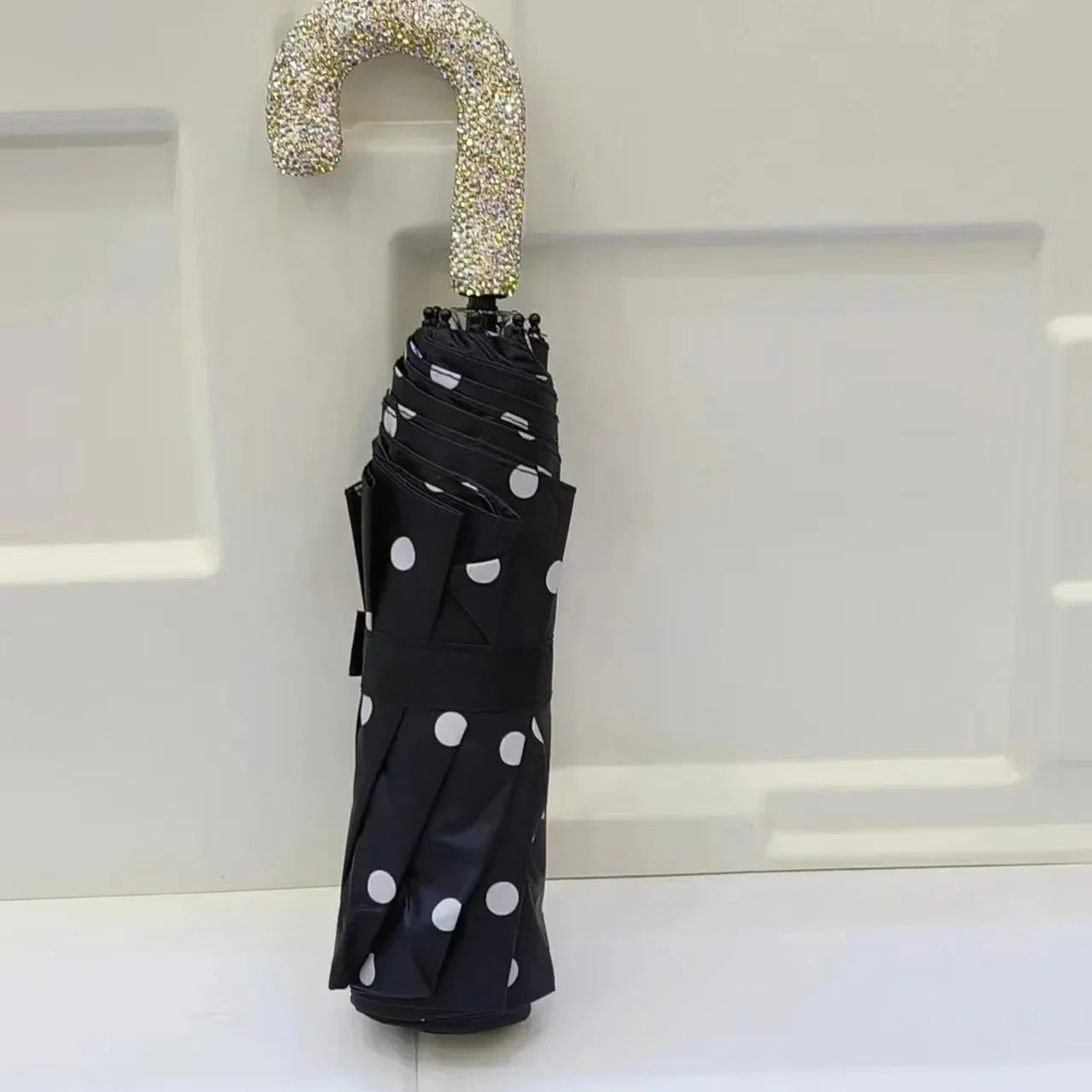 Bling Rhinestone Hook Handle Umbrella Automatic Folding Hook Handle Sunshade UV Protection Rainproof Portable Umbrella Rain Gear