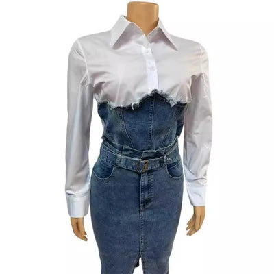 Denim Skirt Suit Women 2 Piece Sets Shirt Patchwork Turn Down Collar Belt Pockets Overshirt Straight Skirts Distressed Outfits