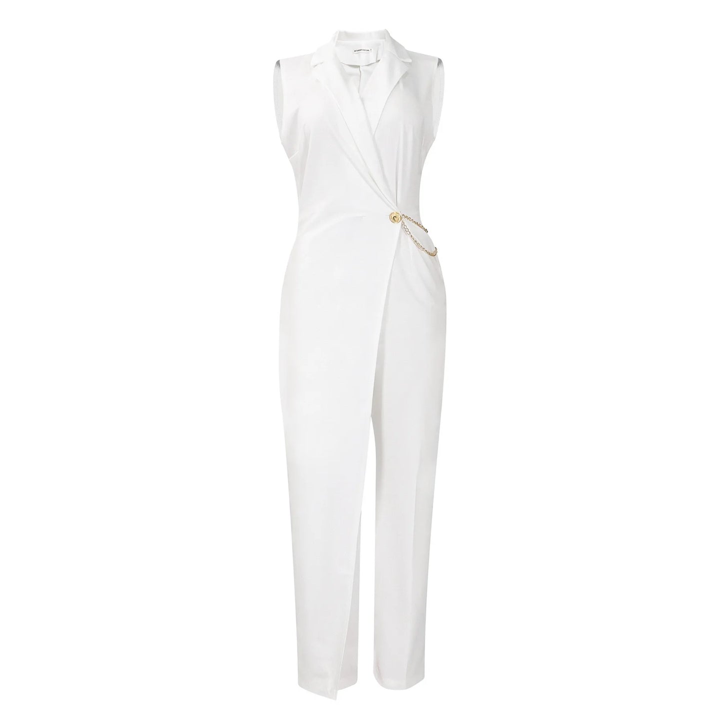 Elegant Jumpsuits & Rompers for Woman 2024 New Turn Down Collar Sleeveless High Waisted V Neck Straight Female Birthday Overalls