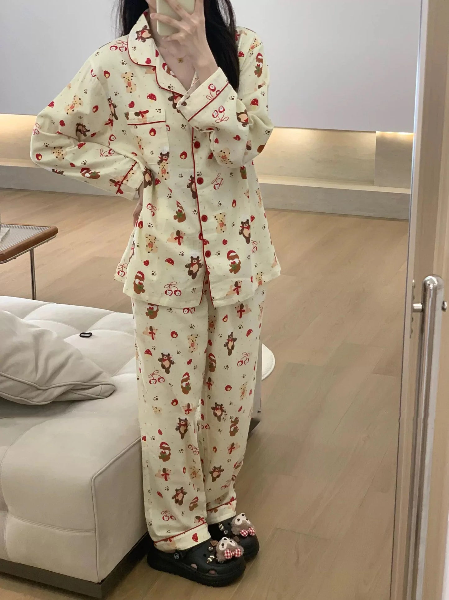 Christmas PJ Set Women Autumn Female Homewear Long Sleeves Button Sleepwear Pajamas Pants Pajama Sets Kawaii Y2K Girls Nightwear