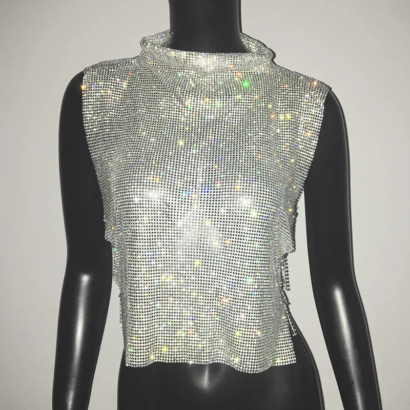 Sexy Rhinestone Backless Party Crop Top Women Glitter Turtleneck TShirt Adjustable Metal Chain Summer Nightculb Diamond Tank Top
