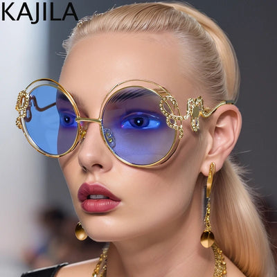 Oversized Round Sunglasses Women 2024 Luxury Brand Trendy Metal Hollow Frame Shades Eyewear For Femal Vintage Big Frame Sunglass