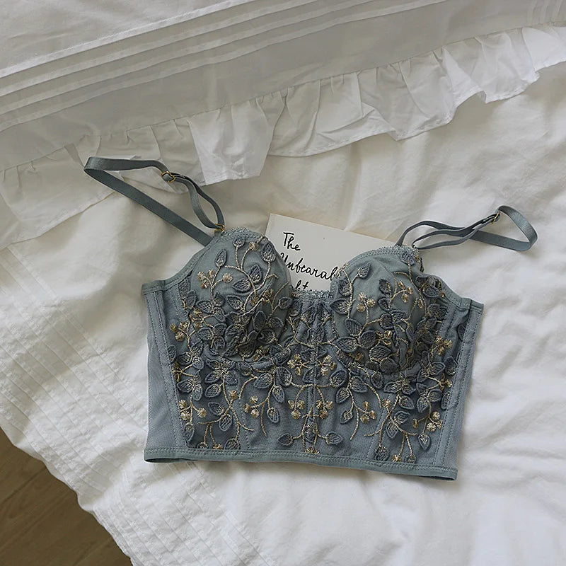 Three-dimensional embroidered bra sexy lace fish bone corset widened breasted with steel ring 2/1 half cup bralette underwear
