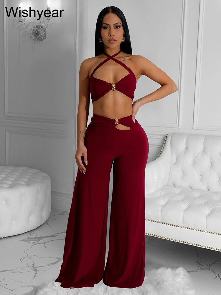 Wishyear Sexy Black Women's Halter Bandage Cross Top amd Wide Leg Pants Two 2 Piece Sets Sexy Night Club Party Evening Outfits