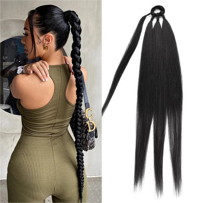 Ponytail Extensions Synthetic Boxing Braids Wrap Around Chignon Tail With Rubber Band Hair Ring 26 Inch Brown Ombre Braid DIY