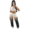 Gradient Color Crochet Two Piece Set for Women Summer Beach Crop Top and Wide Leg Pants Tassel Hollow Out Hole Vacation Outfits
