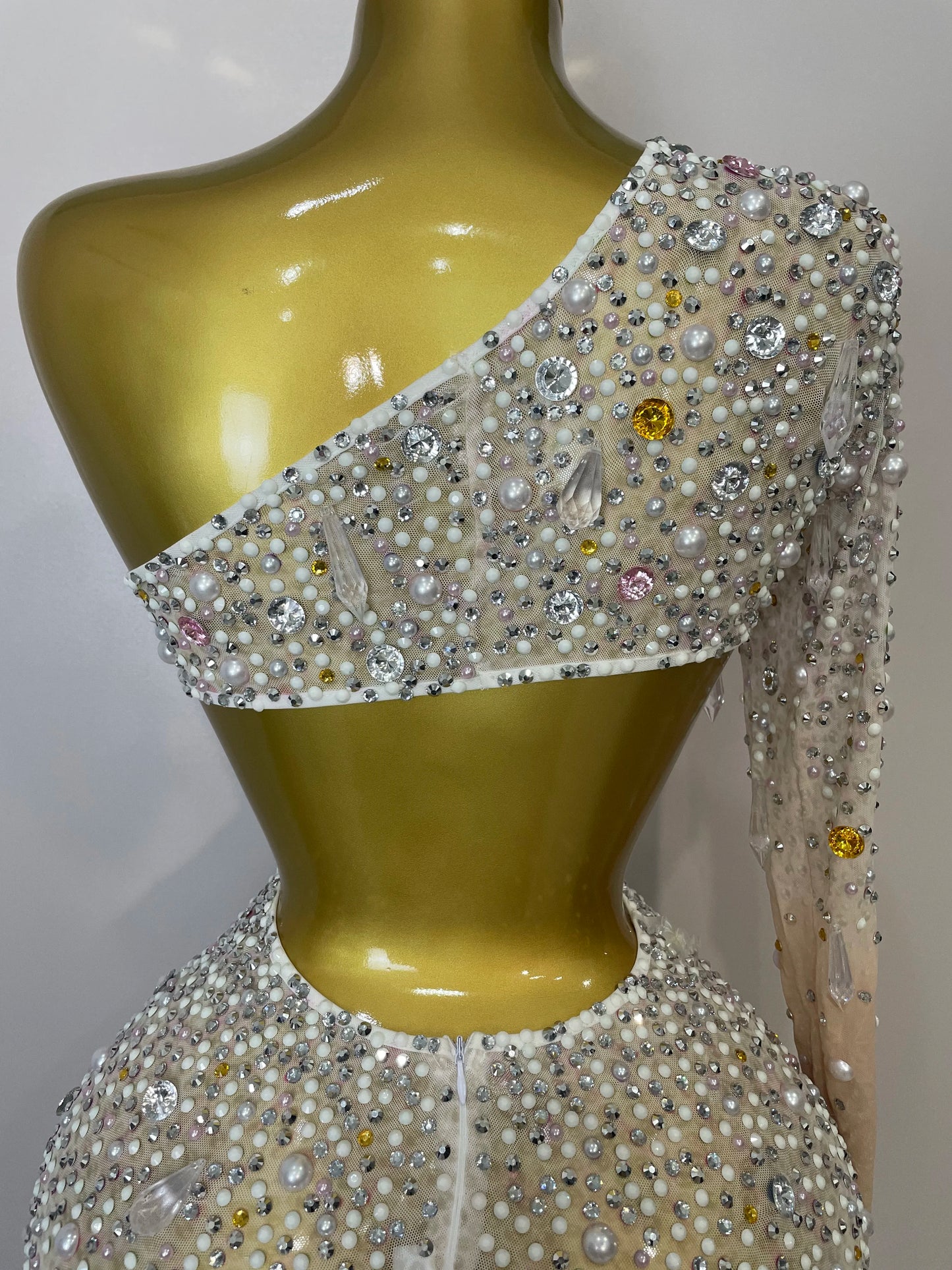 Stock 2025 Women Sexy One Shoulder Hollow Out Big Crystal Bodycon Long Dress Celebrate Nightclub Party Bar Singer Birthday Dress