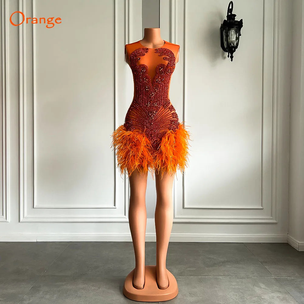 Stunning Sparkly Luxury Diamond Women Birthday Party Cocktail Gowns Sexy Sheer Pink Feather Mini Short Prom Dresses 2025