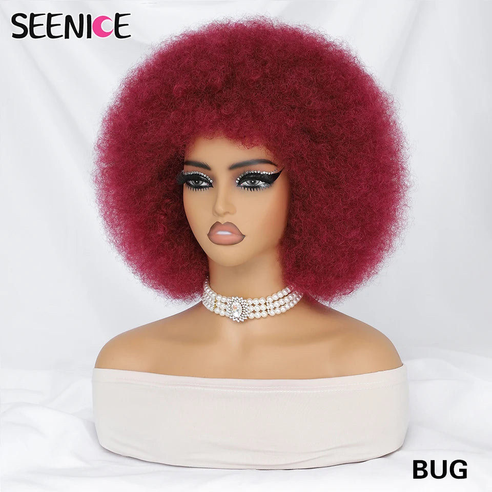 Short Afro Wigs for Black Women Blonde 10" Afro Curly Wig With Bangs 70s Bouncy Natural Synthetic Female Wigs for Party Cosplay