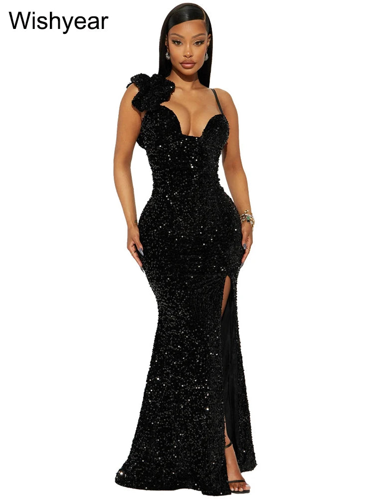 New Sexy Slit Leg Padded Long Cocktail Prom Dress Women‘s Luxury Sequin Strap Evening Party Wedding Gown Birthday Night Vestidos