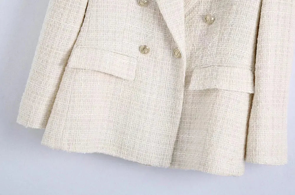 TRZA Women Fashion Tweed Double Breasted Blazer Coat Vintage Long Sleeve Flap Pockets Female Outerwear Chic Veste Femme