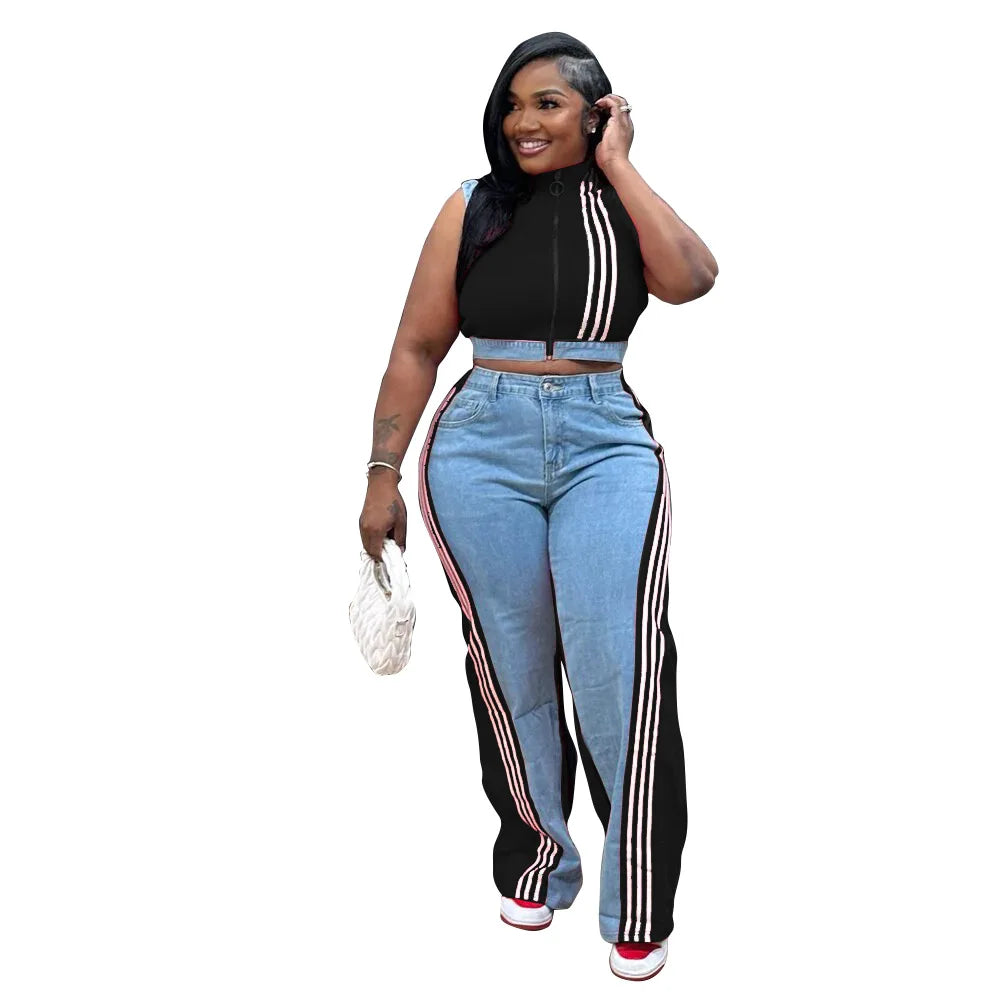 2 Pieces Women's Sets 2025 Spring Summer Denim Sleeveless Suit Tops And Wide Leg Pants Suits Two Piece Set Tracksuit Outfit