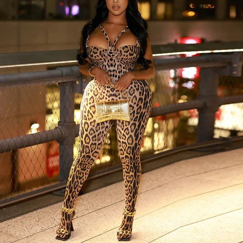 Joskaa Leopard Print Jumpsuits Women Hipster Sexy Spaghetti Strap Sleeveless Body-Shaping Rompers 2025 Party Clubwear Streetwear