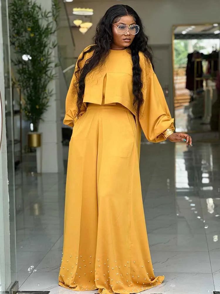 Spring Clothes for Women 2 Piece Sets Women Outfit Lantern Sleeves Suit with Wide Pants and Top High Street Ladies Elegant Sets