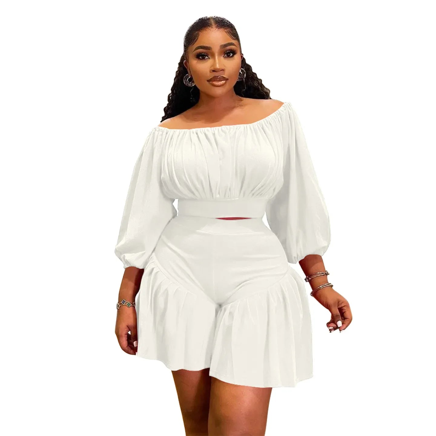 Customized Plus Size Women's Set Long Sleeve Slash Neck T-Shirt and Shorts 2025 Summer Ruched Two 2 Piece Set Outfits Tracksuit