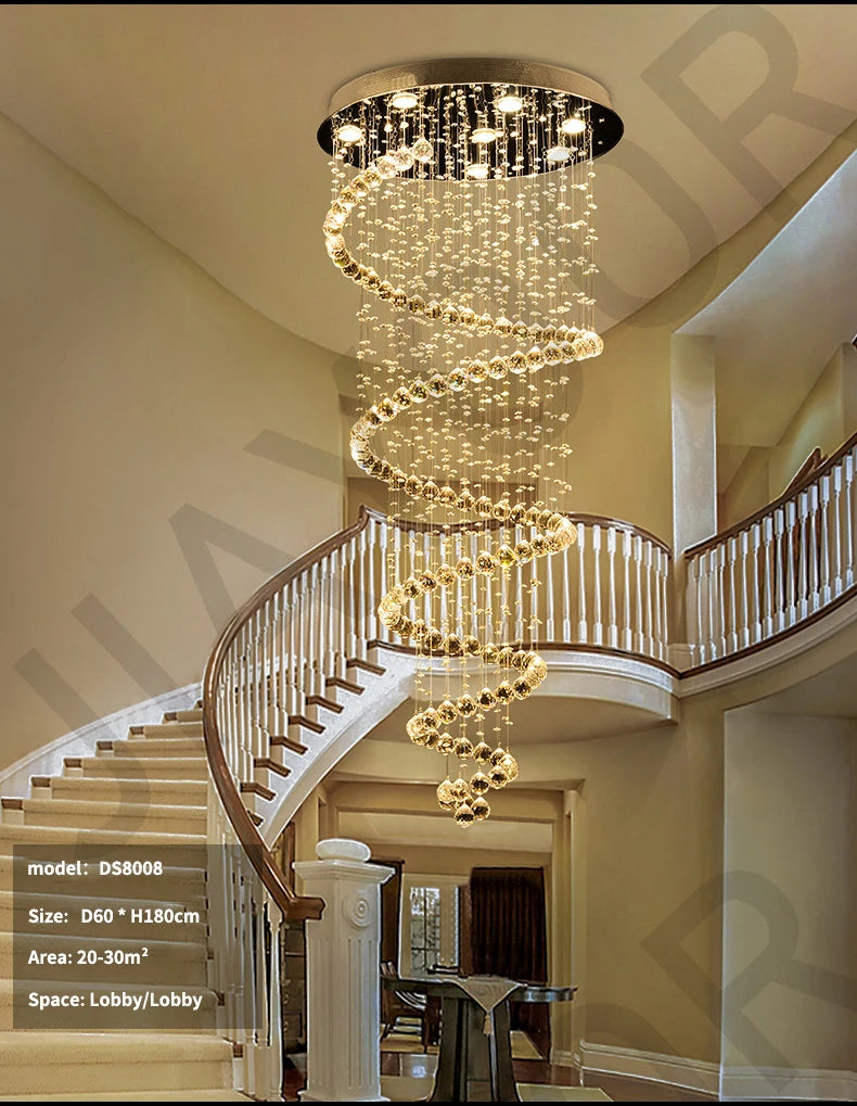 Staircase Long Pendant Lamp, Villa Lamp, Crystal Hanging Line Lamp, Duplex Living Room Spiral Lamp, Glass Romantic Decorative La