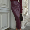 Trendix Women Elegant Burgundy Skirt High Waist Slim Fashion Slit Long Skirts Female Party Slim Club Sexy Vintage PU Skirts 2024