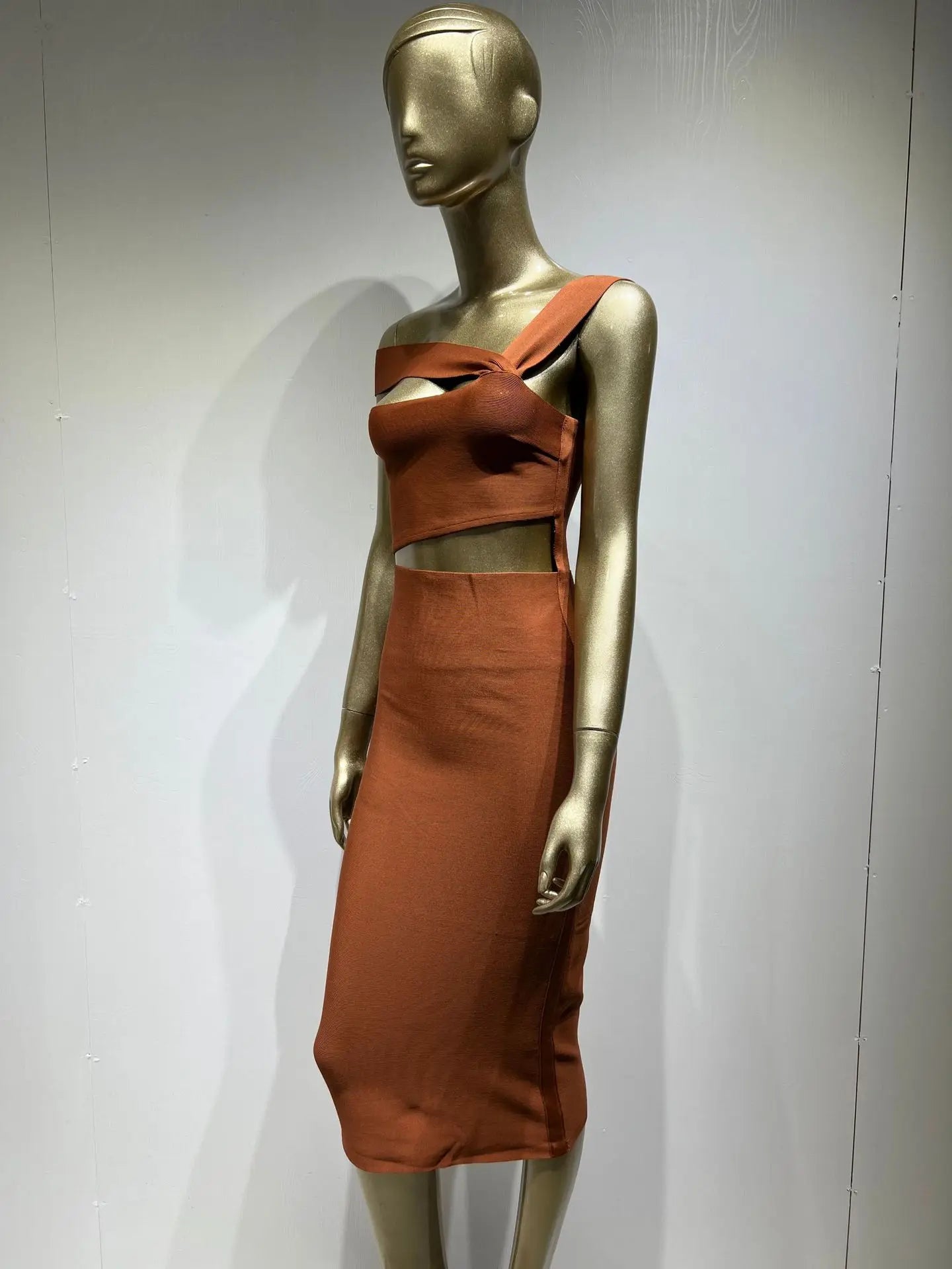 Women Summer Sexy Hollow Out Brown Midi Knee Length Bodycon Bandage Dress 2023 Designer Elegant Evening Party Dress Vestido