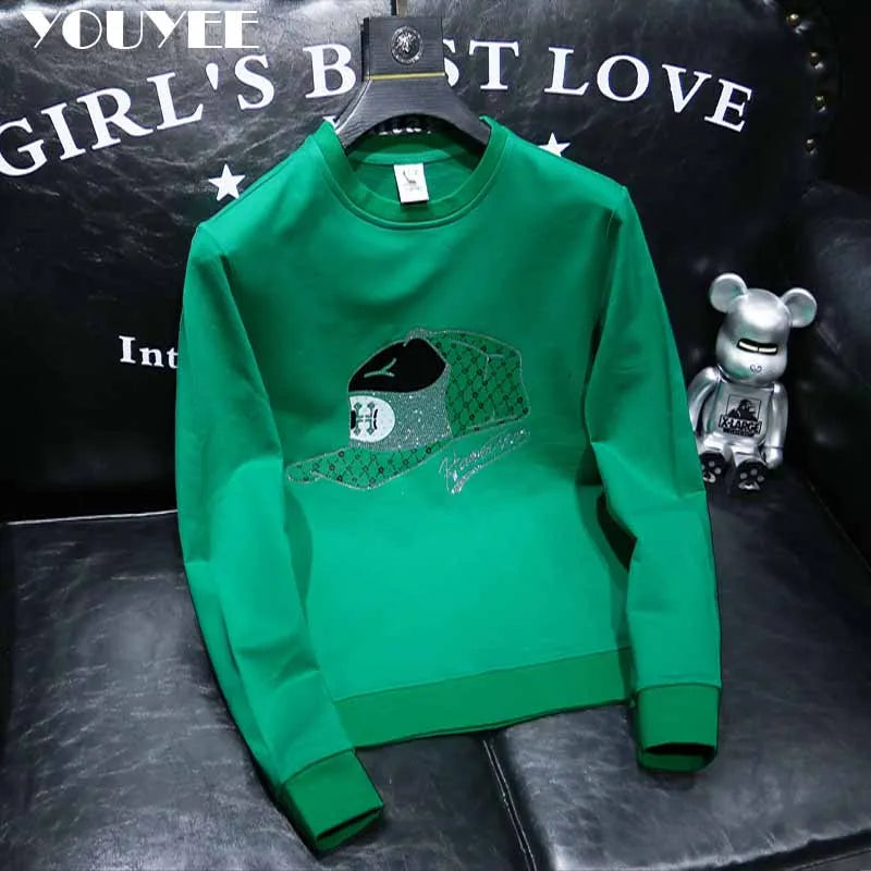Round Collar Men's Pullover New Male Hoodies Personalized Hat Hot Diamond Print Fashionable Top Youth Bottoming Shirt Clothing