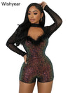 Wishyear Sexy Feather Mesh Patchwork Sequins Night Club Jumpsuits Shorts for Women Glitter Birthday Overalls Christmas Playsuits