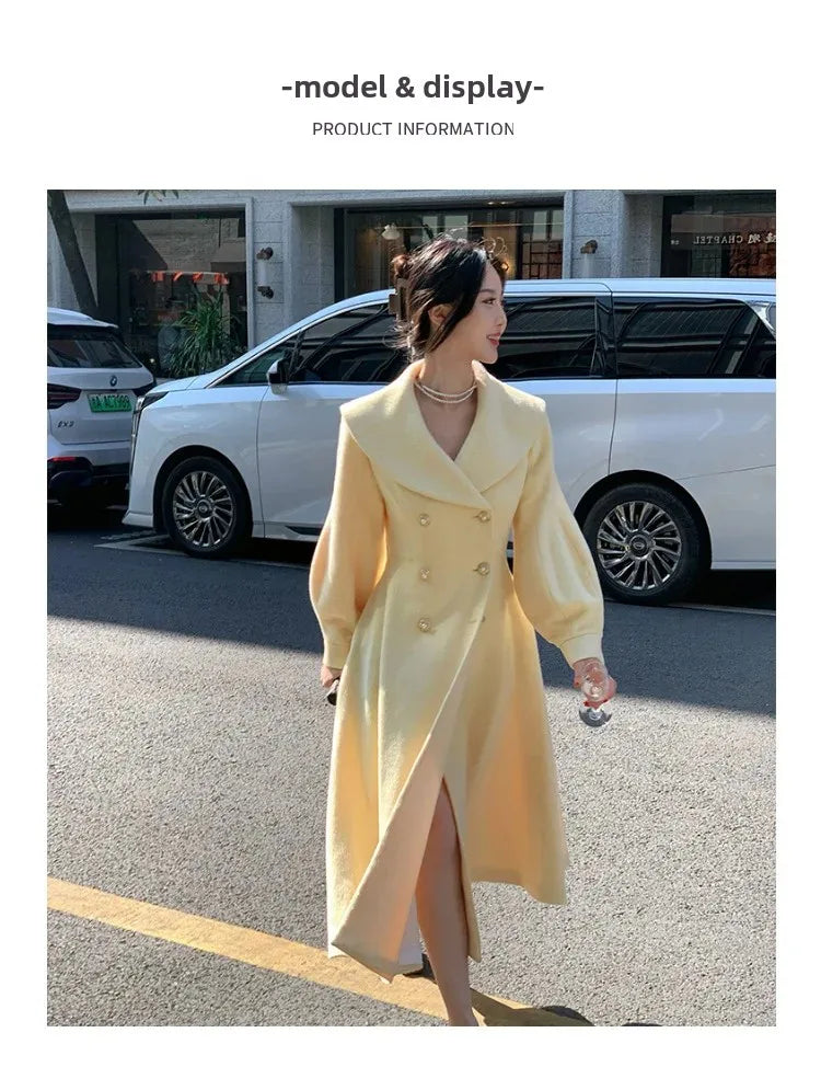 Plus Size 2024 Autumn/Winter New Style French Vintage Tweed Large Lapel Woolen Overcoat Long Sleeve Double Row Button Overcoat