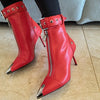 Belt Buckle Front Zipper Fashion Show Short Boots Women's Autumn Winter New Pointed Metal Decoration Red High Heels Ankle Boots