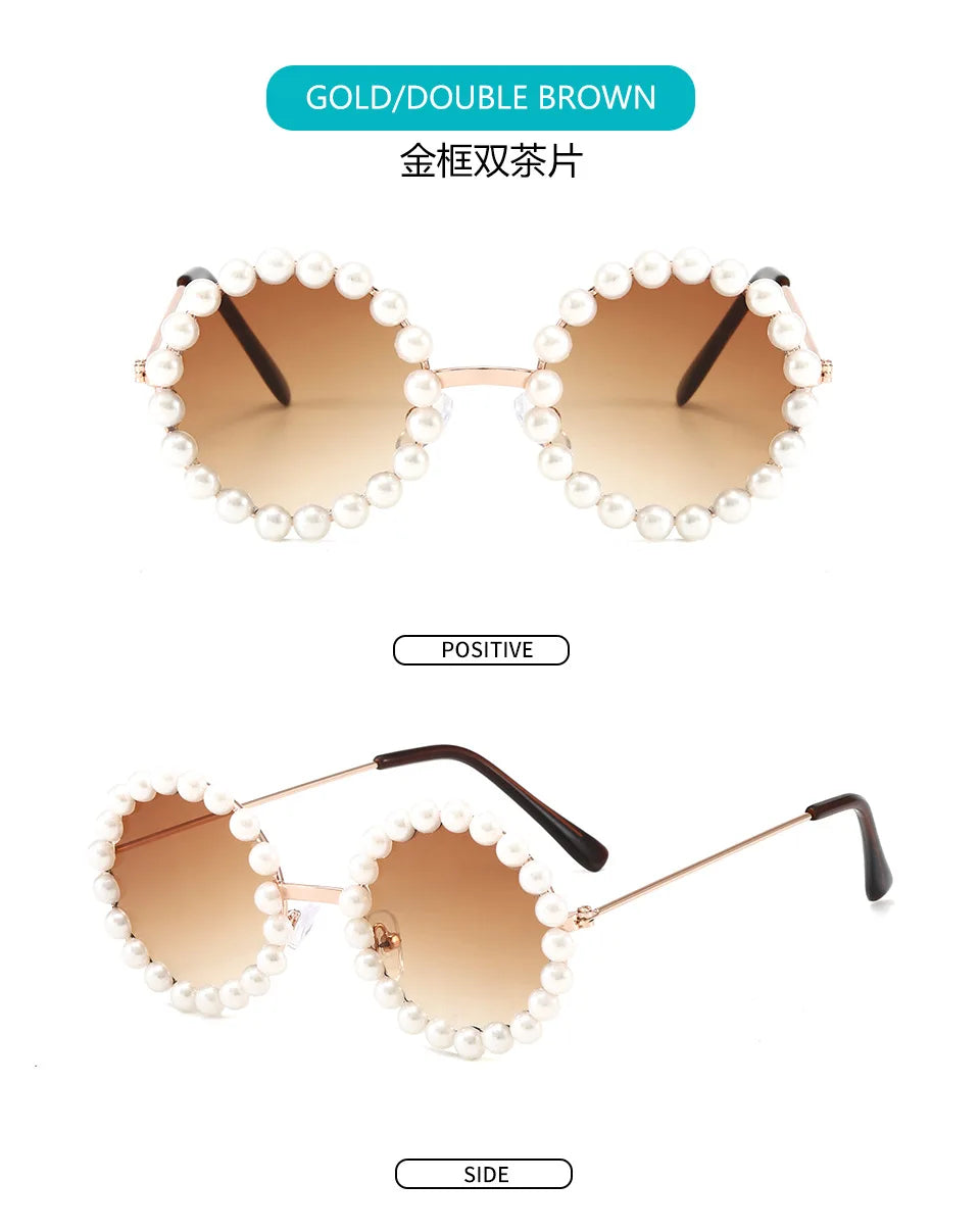 New Children's Circle Form Sunglasses Girl Decorative Pearl Frame Fashion Sun Glasses Cute Baby Outdoor Sunshade Eyewear UV400