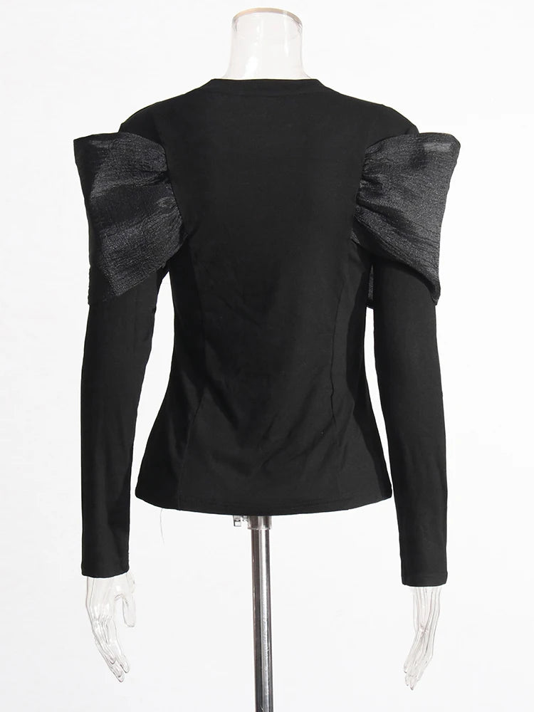 TWOTWINSTYLE Solid Spliced Bowknot T Shirt For Women O Neck Long Sleeve Patchwork Mesh Casual Temperament T Shirts Female Style